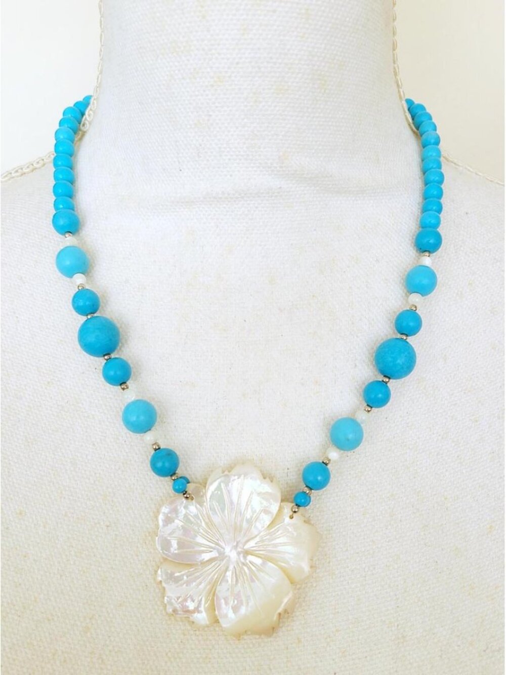 LS Turquoise "Color" Beads With Opal Flower Necklace - 20"